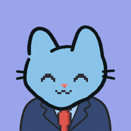 Employee #0001 — a sky cat in a navy suit and a red tie, on periwinkle