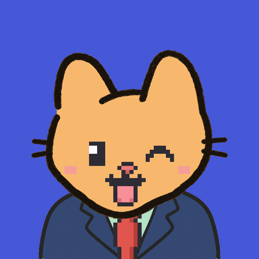 Employee #0002 — a tabby cat in a navy suit and a red tie, on royal
