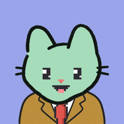 Employee #0004 — a mint cat in a mustard suit, on periwinkle