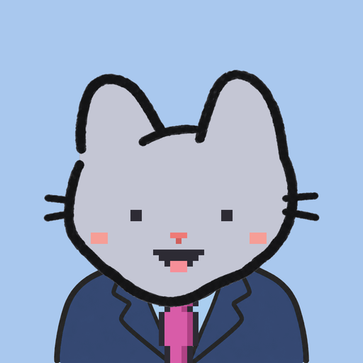 Employee #0006 — a gray cat in a navy suit and a magenta tie, on sky