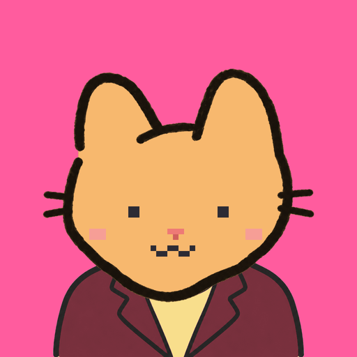 Employee #0007 — a tabby cat in a burgundy suit, on hot pink