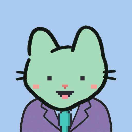 Employee #0008 — a mint cat in a lavender suit, on sky