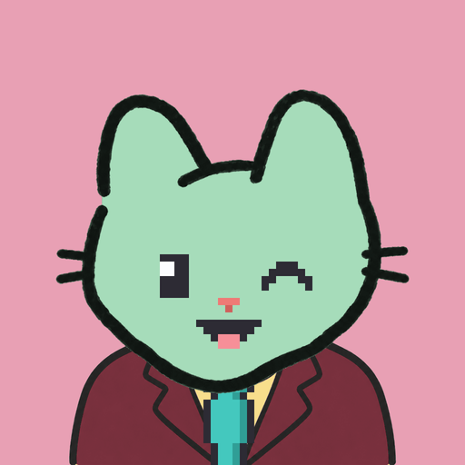 Employee #0013 — a mint cat in a burgundy suit and a teal tie, on rose