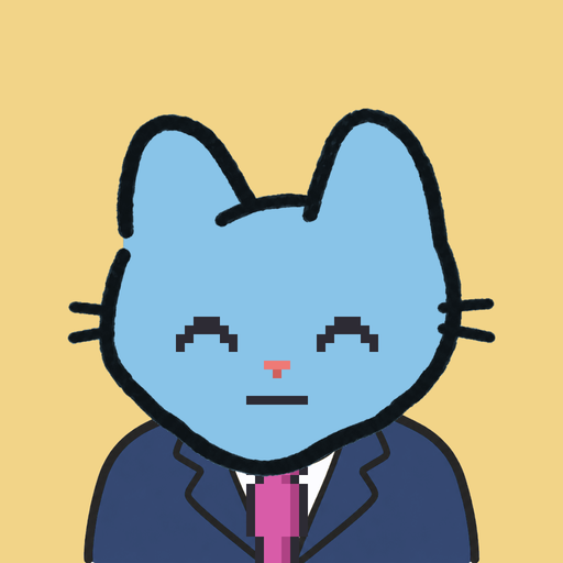 Employee #0016 — a sky cat in a navy suit, on butter